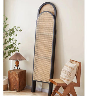 Panel Black Solid Wood and Rattan Folding Room Divider, Privacy Screen  Wooden Bazar