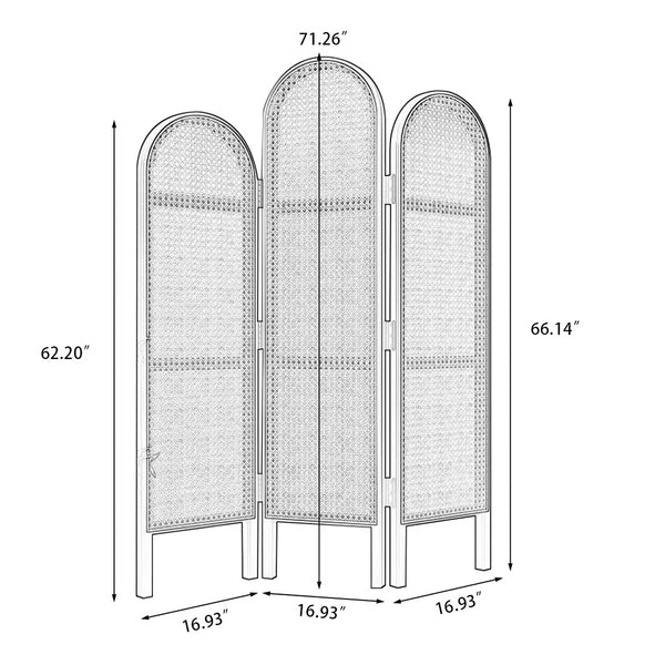 Panel Black Solid Wood and Rattan Folding Room Divider, Privacy Screen  Wooden Bazar