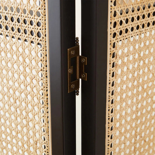 Panel Black Solid Wood and Rattan Folding Room Divider, Privacy Screen  Wooden Bazar