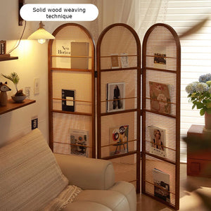3-Panel Black Wicker Solid Wood Folding Room Divider  Wooden Bazar