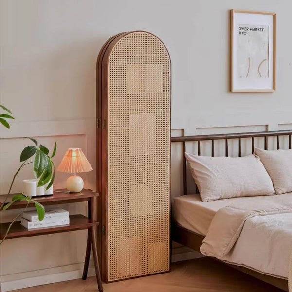 3-Panel Black Wicker Solid Wood Folding Room Divider  Wooden Bazar