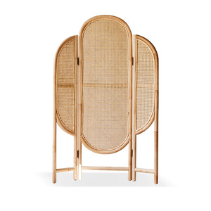 **3-Panel Brown Solid Wood & Rattan Folding Room Divider**  Wooden Bazar