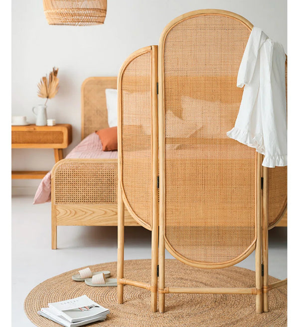 **3-Panel Brown Solid Wood & Rattan Folding Room Divider**  Wooden Bazar