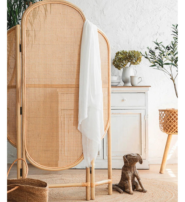 **3-Panel Brown Solid Wood & Rattan Folding Room Divider**  Wooden Bazar