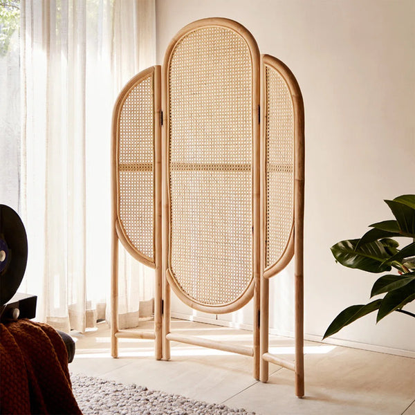 **3-Panel Brown Solid Wood & Rattan Folding Room Divider**  Wooden Bazar