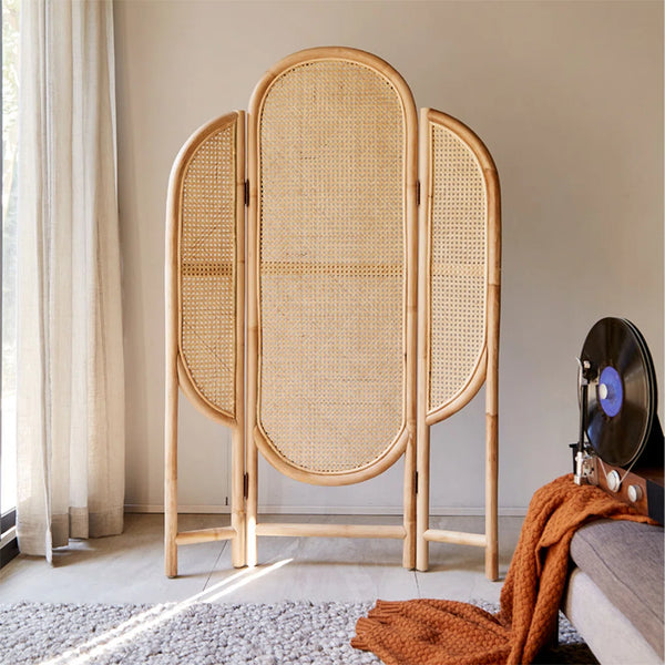 **3-Panel Brown Solid Wood & Rattan Folding Room Divider**  Wooden Bazar
