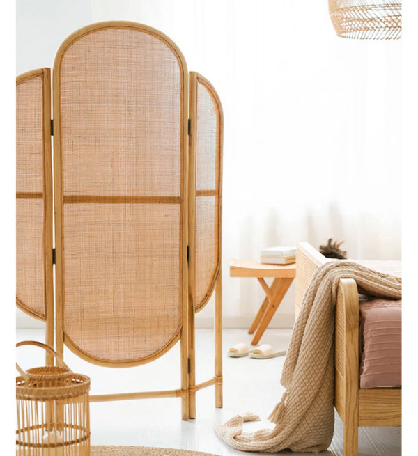 **3-Panel Brown Solid Wood & Rattan Folding Room Divider**  Wooden Bazar