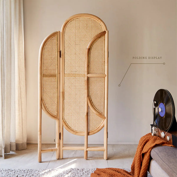 **3-Panel Brown Solid Wood & Rattan Folding Room Divider**  Wooden Bazar