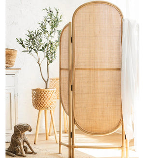 **3-Panel Brown Solid Wood & Rattan Folding Room Divider**  Wooden Bazar