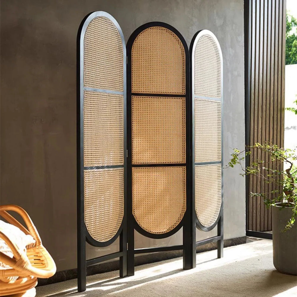 Panel Burlywood Solid Wood and Wicker Folding Room Divider  Wooden Bazar