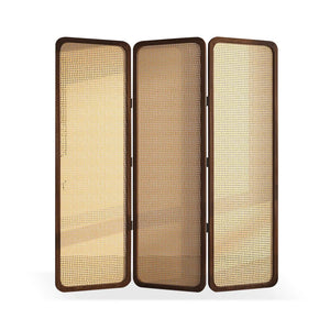 **3-Panel Burlywood Wicker & Solid Wood Folding Room Divider**   Wooden Bazar