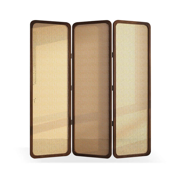 **3-Panel Burlywood Wicker & Solid Wood Folding Room Divider**   Wooden Bazar