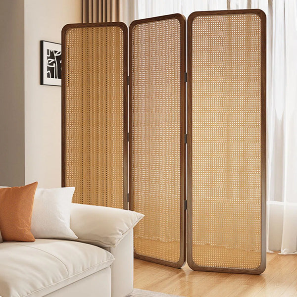 **3-Panel Burlywood Wicker & Solid Wood Folding Room Divider**   Wooden Bazar