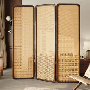 **3-Panel Burlywood Wicker & Solid Wood Folding Room Divider**   Wooden Bazar
