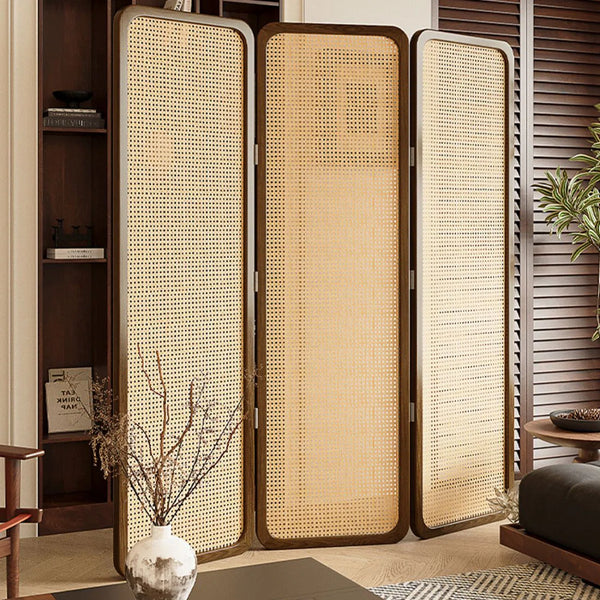 **3-Panel Burlywood Wicker & Solid Wood Folding Room Divider**   Wooden Bazar