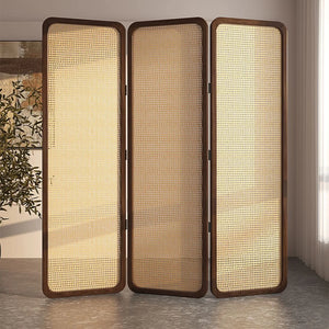 **3-Panel Burlywood Wicker & Solid Wood Folding Room Divider**   Wooden Bazar