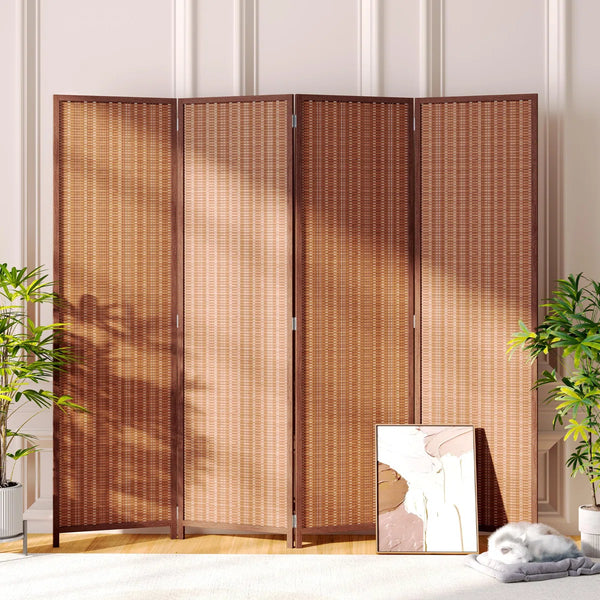 Folding Room Divider with Diamond Double-Weave Privacy Screen, Freestanding Red Brown Panel