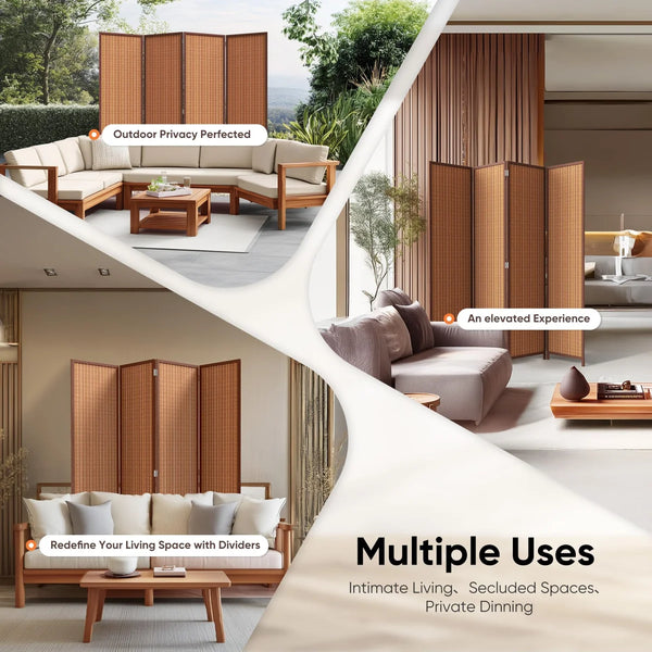 Folding Room Divider with Diamond Double-Weave Privacy Screen, Freestanding Red Brown Panel
