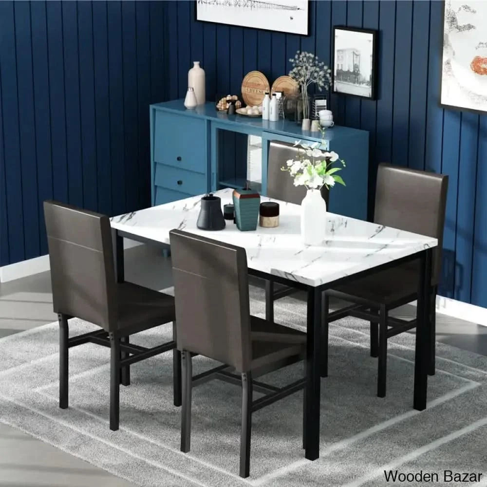 4 Seater Faux Marble Top Dining Set - Wooden Bazar