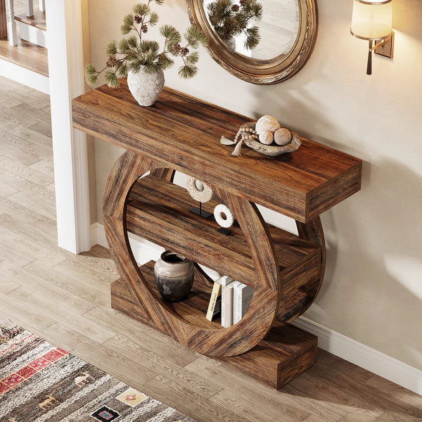 Farmhouse Console Table with 3-Tier Shelves  Wooden Bazar