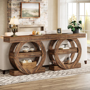 Farmhouse Console Table with 3-Tier Shelves  Wooden Bazar