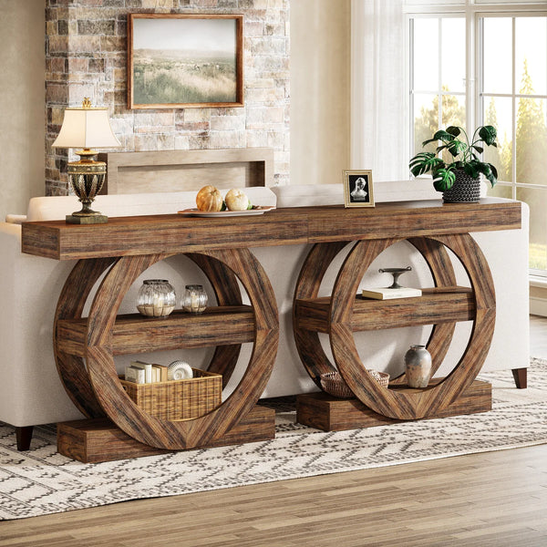 Farmhouse Console Table with 3-Tier Shelves  Wooden Bazar