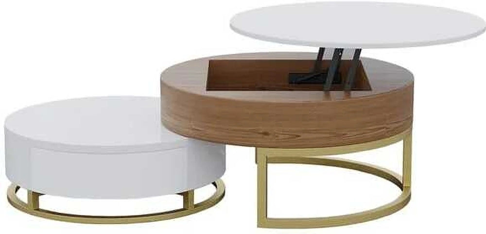 Modern Lift-Top Nesting Coffee Table with Drawers Hidden Compartment Adjustable Storage Shelf, Furniture for Living Room, White/Natural