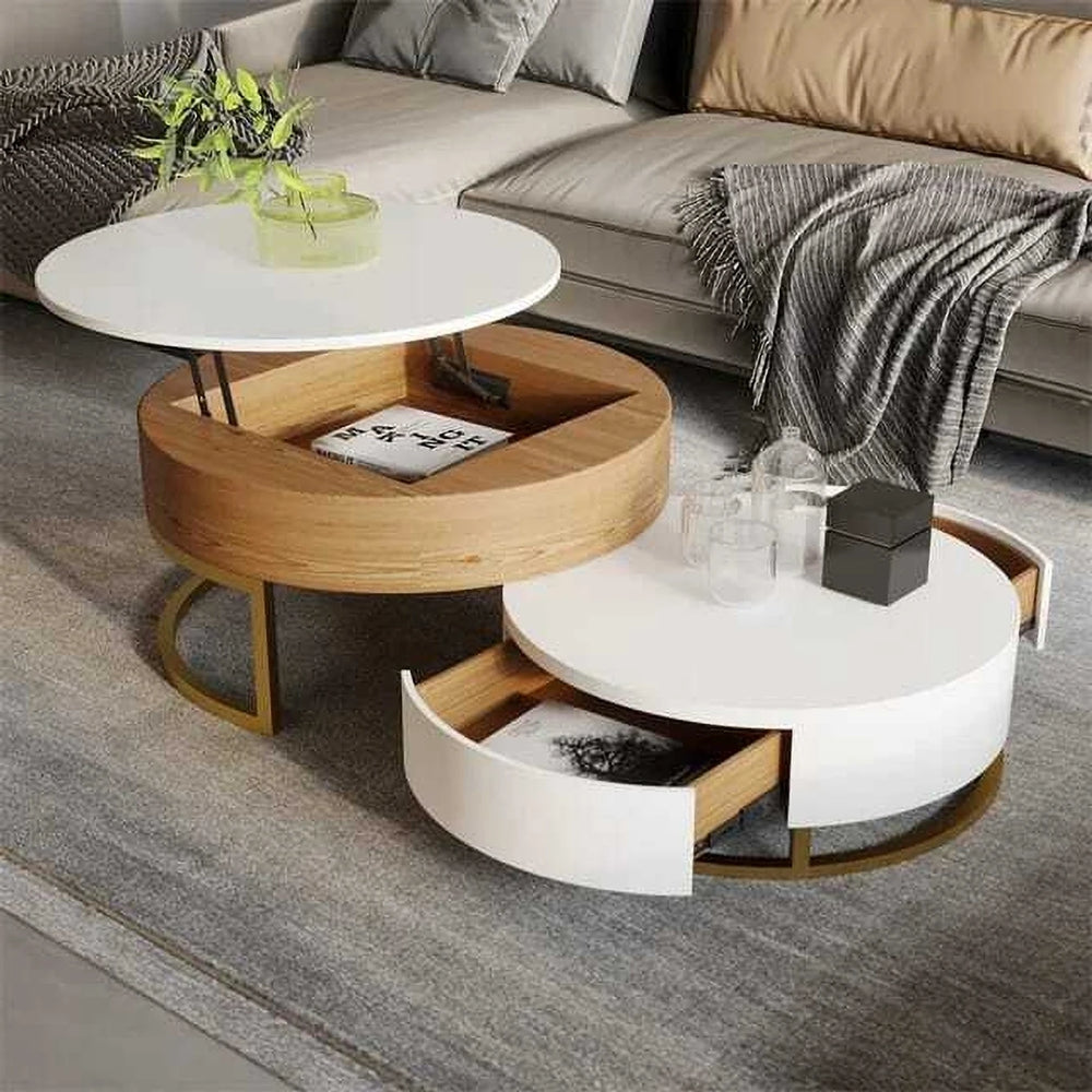 Modern Lift-Top Nesting Coffee Table with Drawers Hidden Compartment Adjustable Storage Shelf, Furniture for Living Room, White/Natural