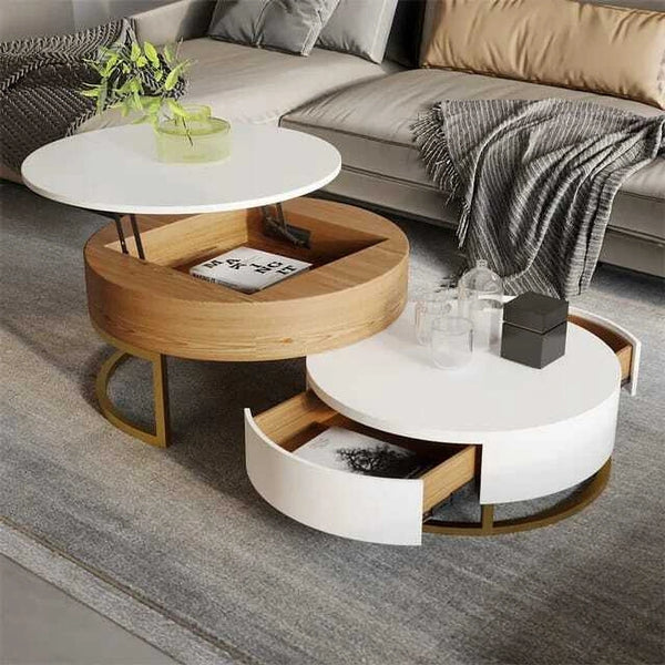 Modern Lift-Top Nesting Coffee Table with Drawers Hidden Compartment Adjustable Storage Shelf, Furniture for Living Room, White/Natural