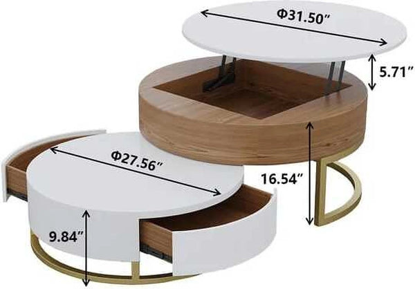 Modern Lift-Top Nesting Coffee Table with Drawers Hidden Compartment Adjustable Storage Shelf, Furniture for Living Room, White/Natural