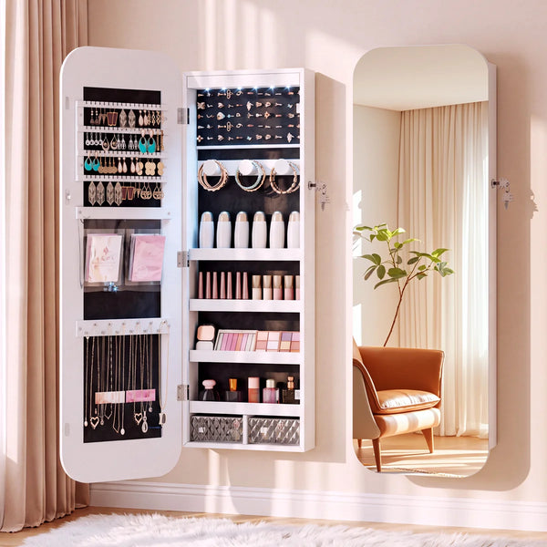 Arched Mirror Jewelry Armoire with LED Lights | Wall/Door Mounted   Wooden Bazar