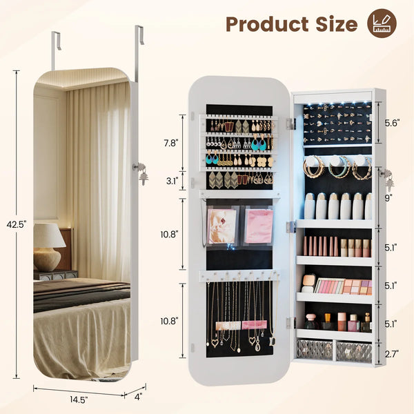 Arched Mirror Jewelry Armoire with LED Lights | Wall/Door Mounted   Wooden Bazar