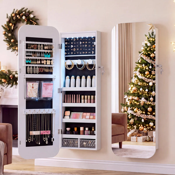 Arched Mirror Jewelry Armoire with LED Lights | Wall/Door Mounted   Wooden Bazar