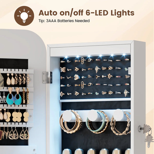 Arched Mirror Jewelry Armoire with LED Lights | Wall/Door Mounted   Wooden Bazar