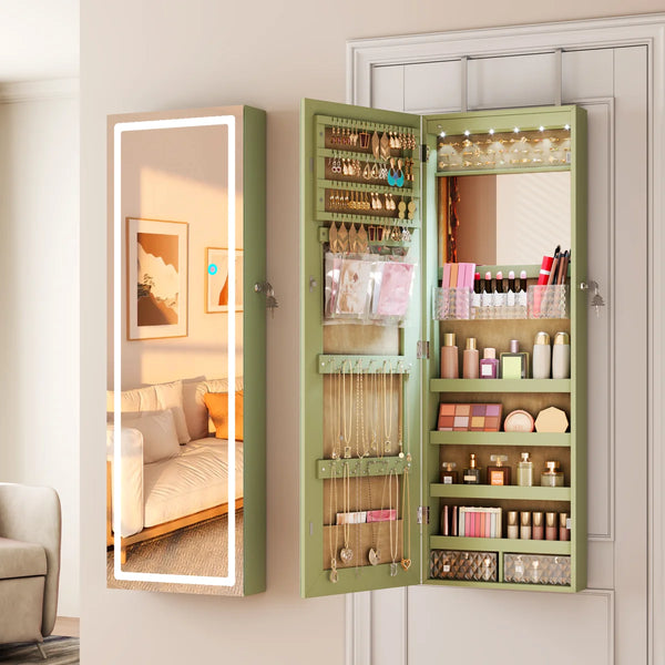 Lighted Mirror Jewelry Armoire with Wall-Mounted Storage Cabine  Wooden Bazar