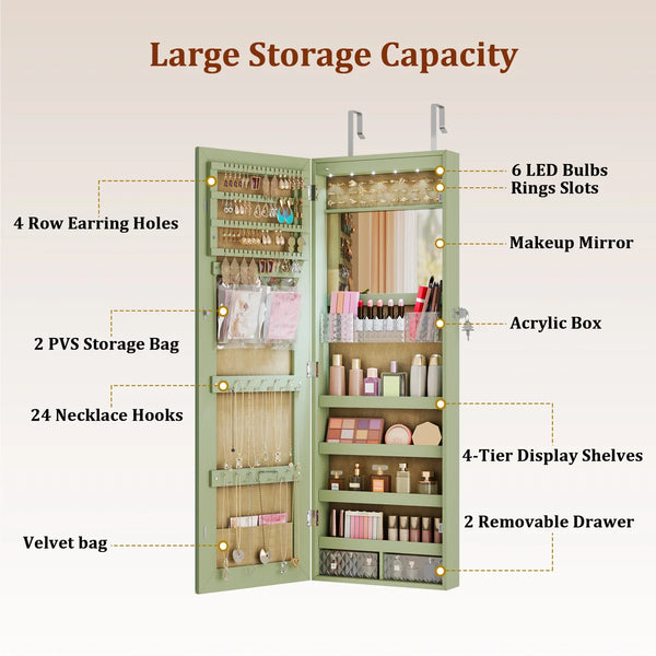 Lighted Mirror Jewelry Armoire with Wall-Mounted Storage Cabine  Wooden Bazar