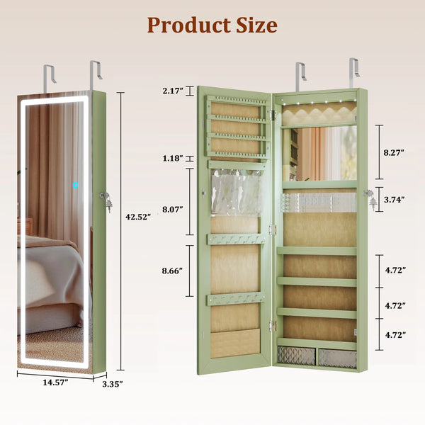 Lighted Mirror Jewelry Armoire with Wall-Mounted Storage Cabine  Wooden Bazar