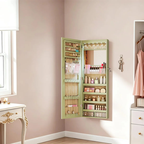 Lighted Mirror Jewelry Armoire with Wall-Mounted Storage Cabine  Wooden Bazar