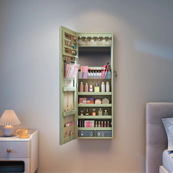Lighted Mirror Jewelry Armoire with Wall-Mounted Storage Cabine  Wooden Bazar