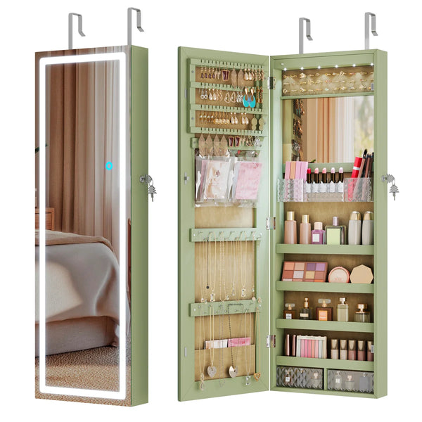 Lighted Mirror Jewelry Armoire with Wall-Mounted Storage Cabine  Wooden Bazar