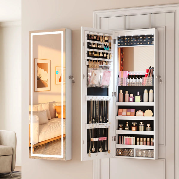 Lighted Mirror Jewelry Armoire with Wall-Mounted Storage Cabine  Wooden Bazar