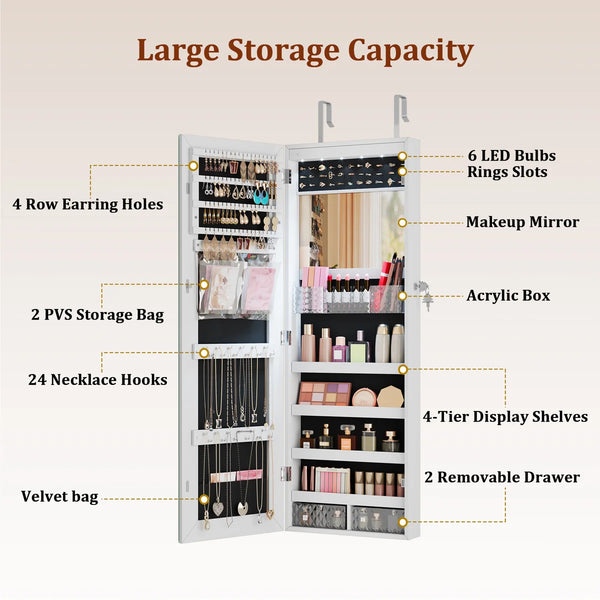 Lighted Mirror Jewelry Armoire with Wall-Mounted Storage Cabine  Wooden Bazar
