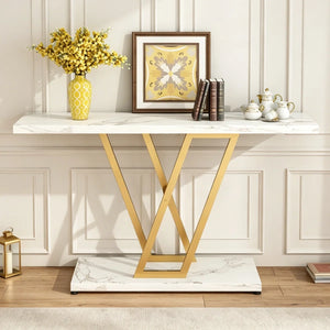 Console Table with Gold Geometric Base for Entryway, Hallway & Living Room – Modern Accent Table  Wooden Bazar