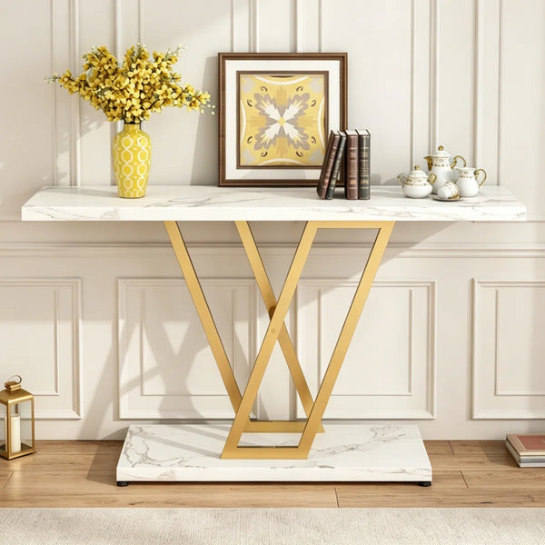 Console Table with Gold Geometric Base for Entryway, Hallway & Living Room – Modern Accent Table  Wooden Bazar