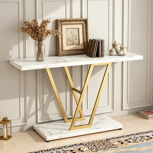Console Table with Gold Geometric Base for Entryway, Hallway & Living Room – Modern Accent Table  Wooden Bazar