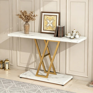 Console Table with Gold Geometric Base for Entryway, Hallway & Living Room – Modern Accent Table  Wooden Bazar