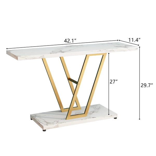 Console Table with Gold Geometric Base for Entryway, Hallway & Living Room – Modern Accent Table  Wooden Bazar