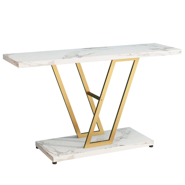 Console Table with Gold Geometric Base for Entryway, Hallway & Living Room – Modern Accent Table  Wooden Bazar