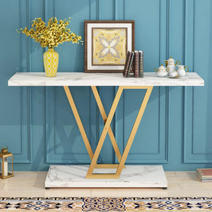 Console Table with Gold Geometric Base for Entryway, Hallway & Living Room – Modern Accent Table  Wooden Bazar