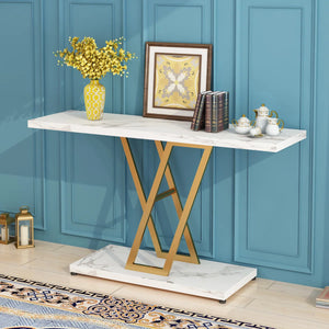 Console Table with Gold Geometric Base for Entryway, Hallway & Living Room – Modern Accent Table  Wooden Bazar